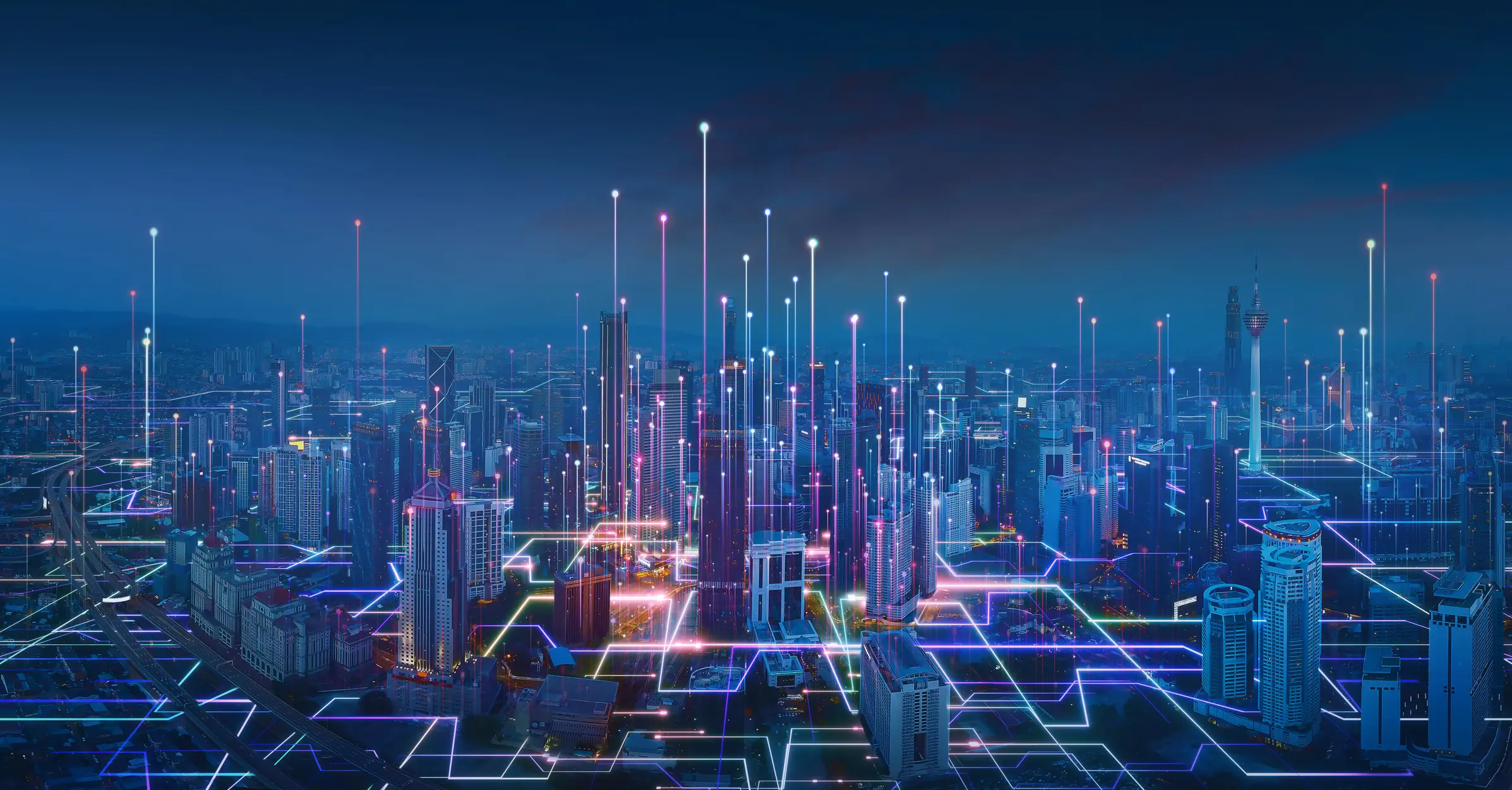 city and abstract lines and dot connections with gradient line design, big data connection technology concept.