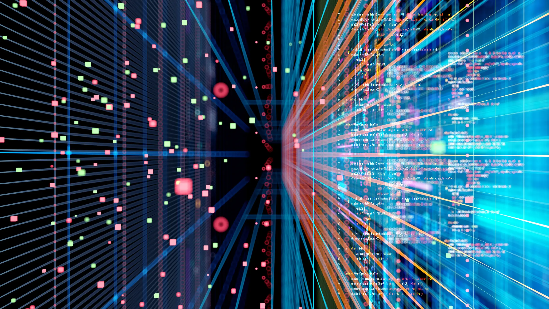 Abstract program code, big data, artificial intelligence, machine learning, quantum computing. Digital transformation technologies.