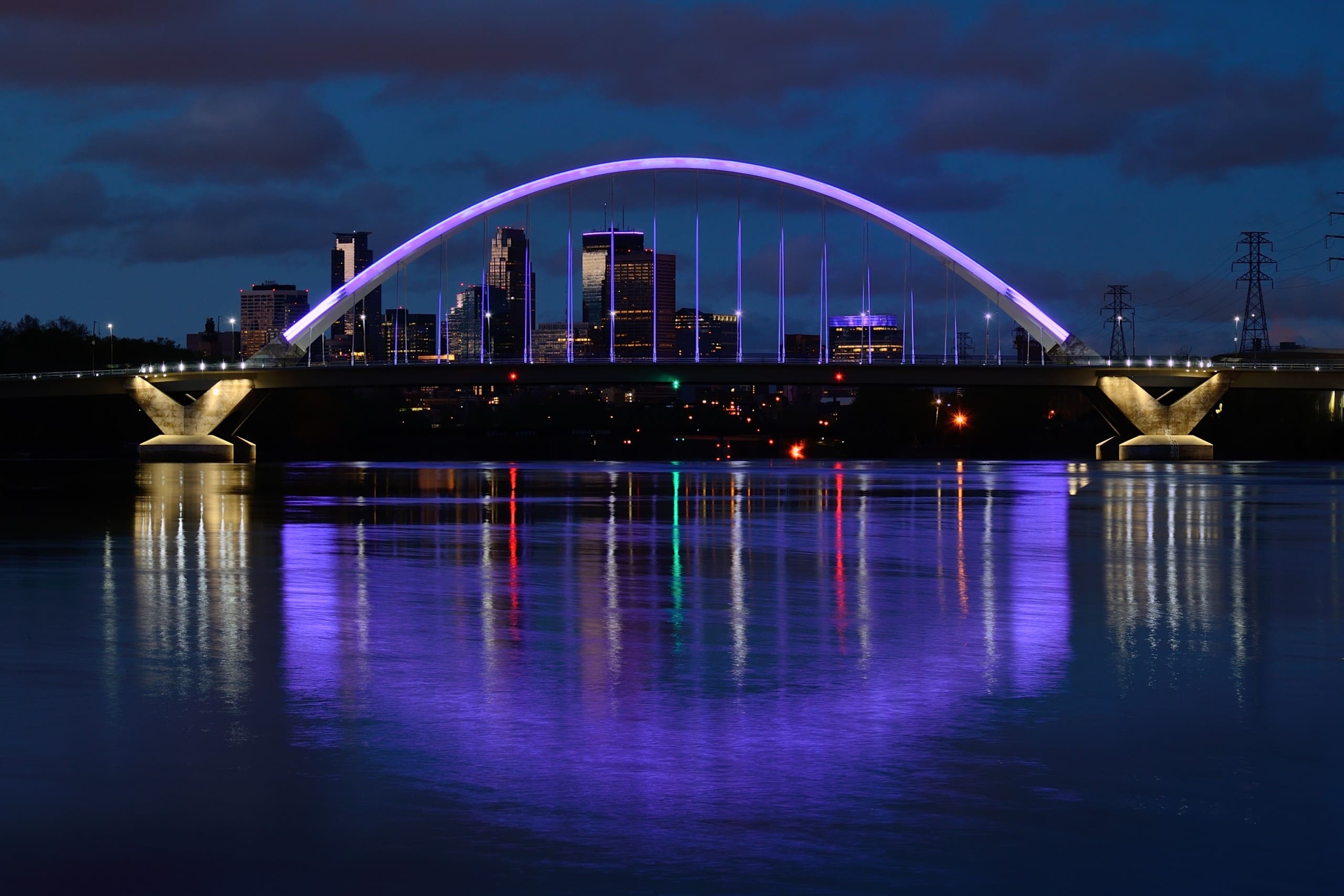 Denver Bridge lit up purple at night